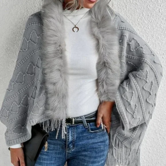 Gray Faux fur Trim Textured Knit Open front Sweater Cardigan - Picture 1 of 9